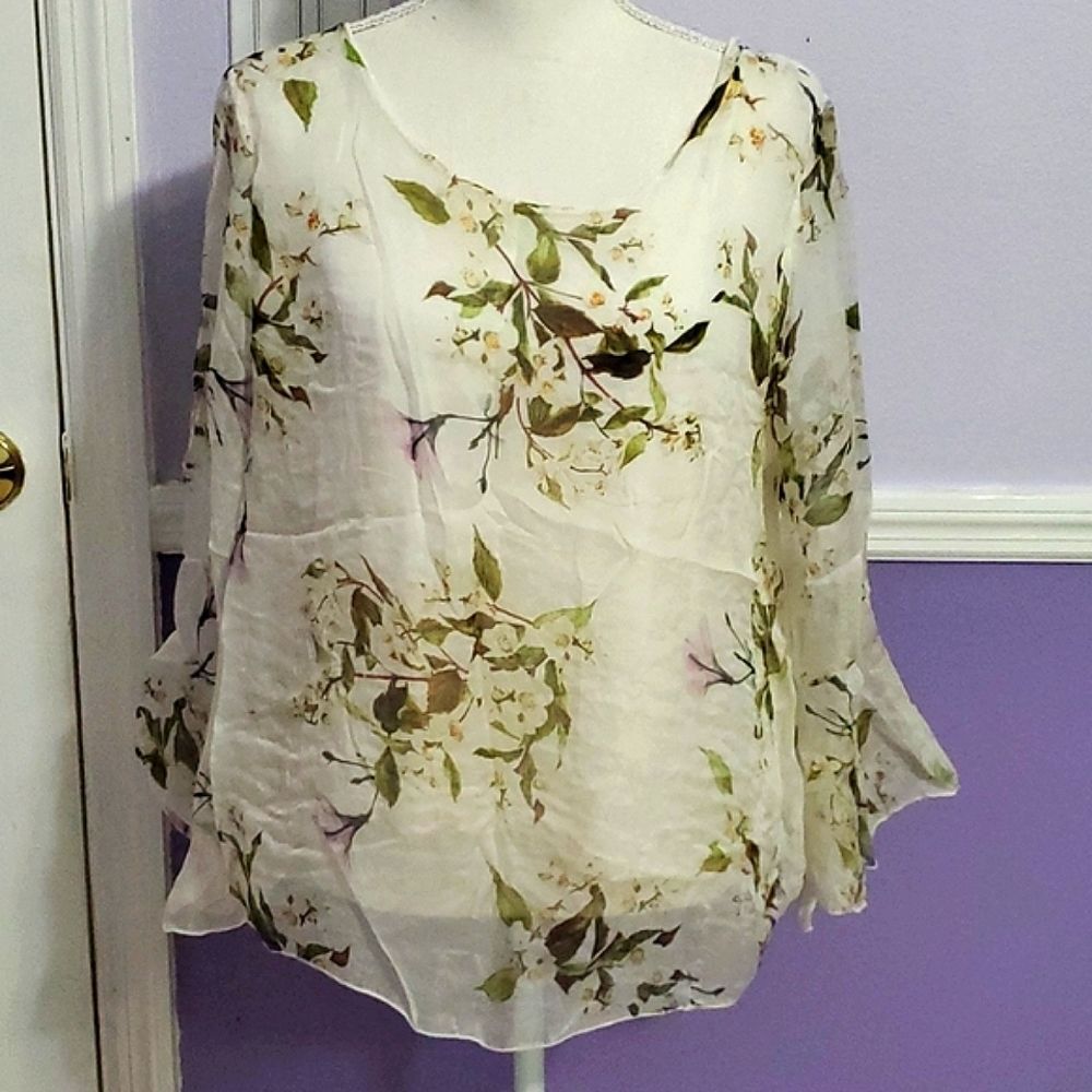 Viola Borghi Boho Romantic Cream Floral Ruffle Sleeve Flowy Silk Top L - Picture 2 of 10